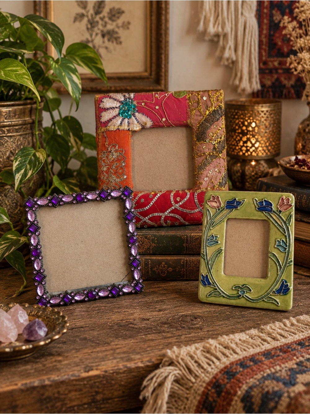 Vintage 90s Picture Frame Lot Boho Jewel Embroidered Floral Eclectic home Decor